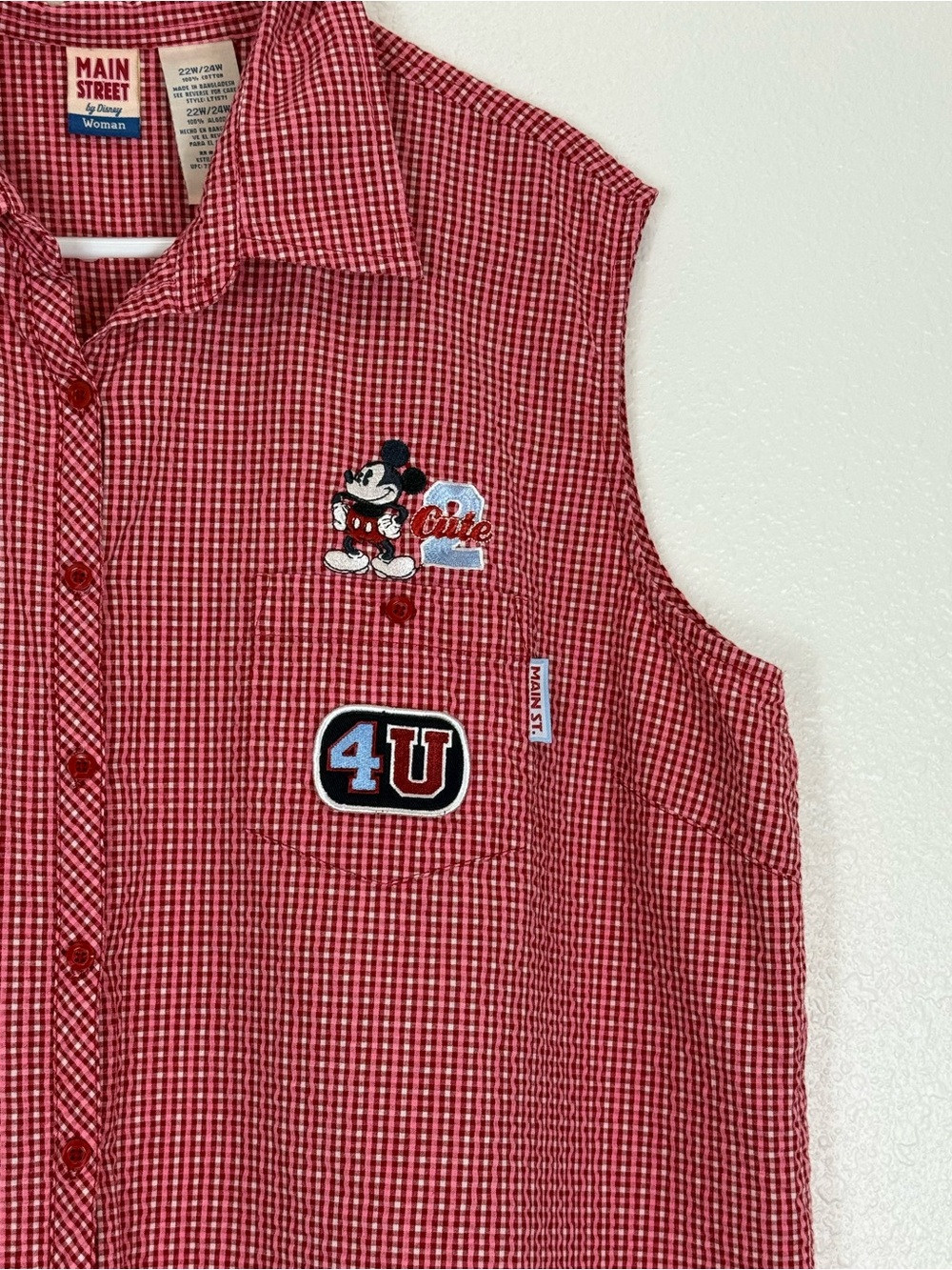 Disney Red Gingham Sleeveless Button-Down Shirt with Mickey Patch VTG - Picture 3 of 6